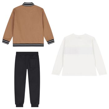 Boys Beige, White & Black Tracksuit Set (3 Piece)