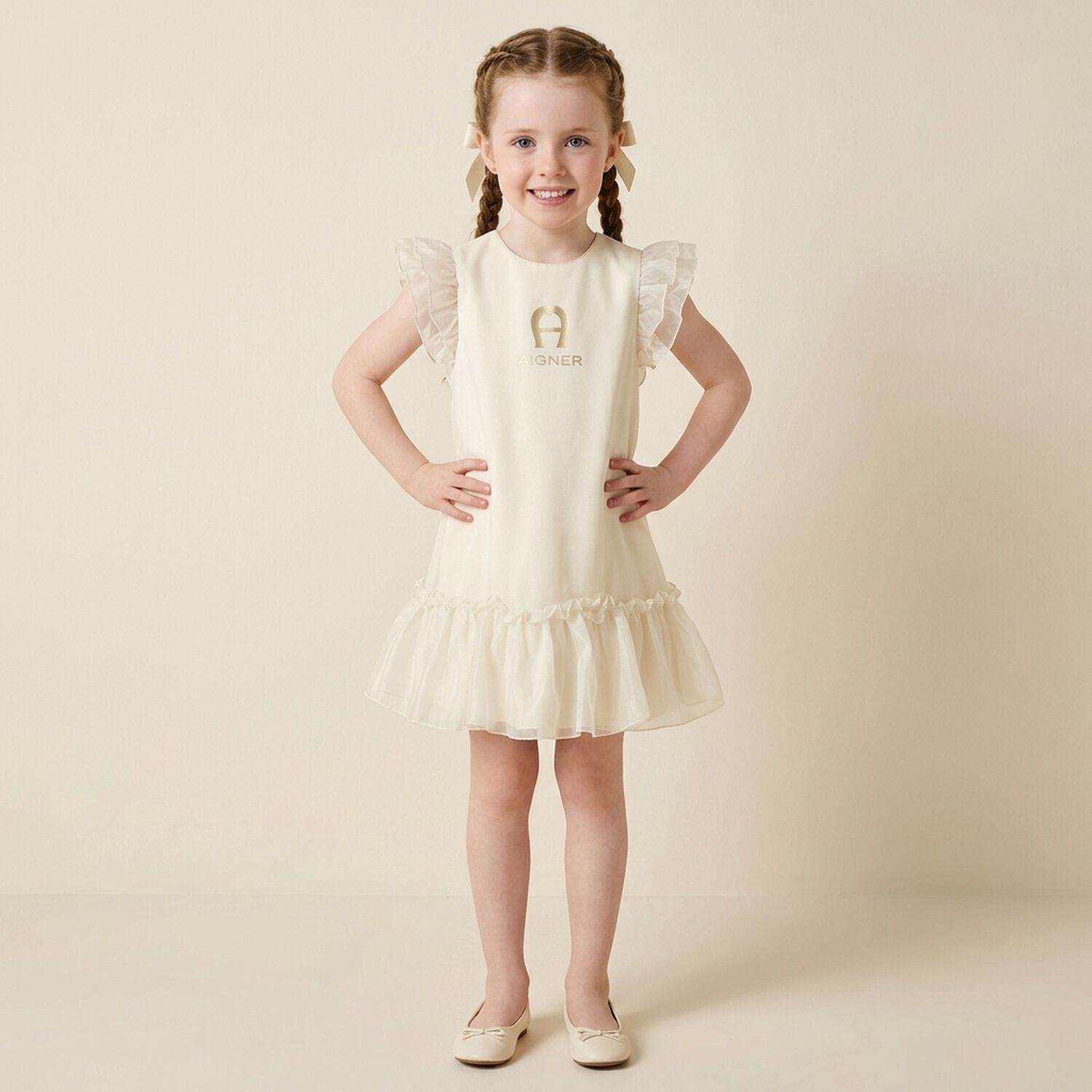 Younger Girls Beige & Gold Ruffled Dress, 1, hi-res