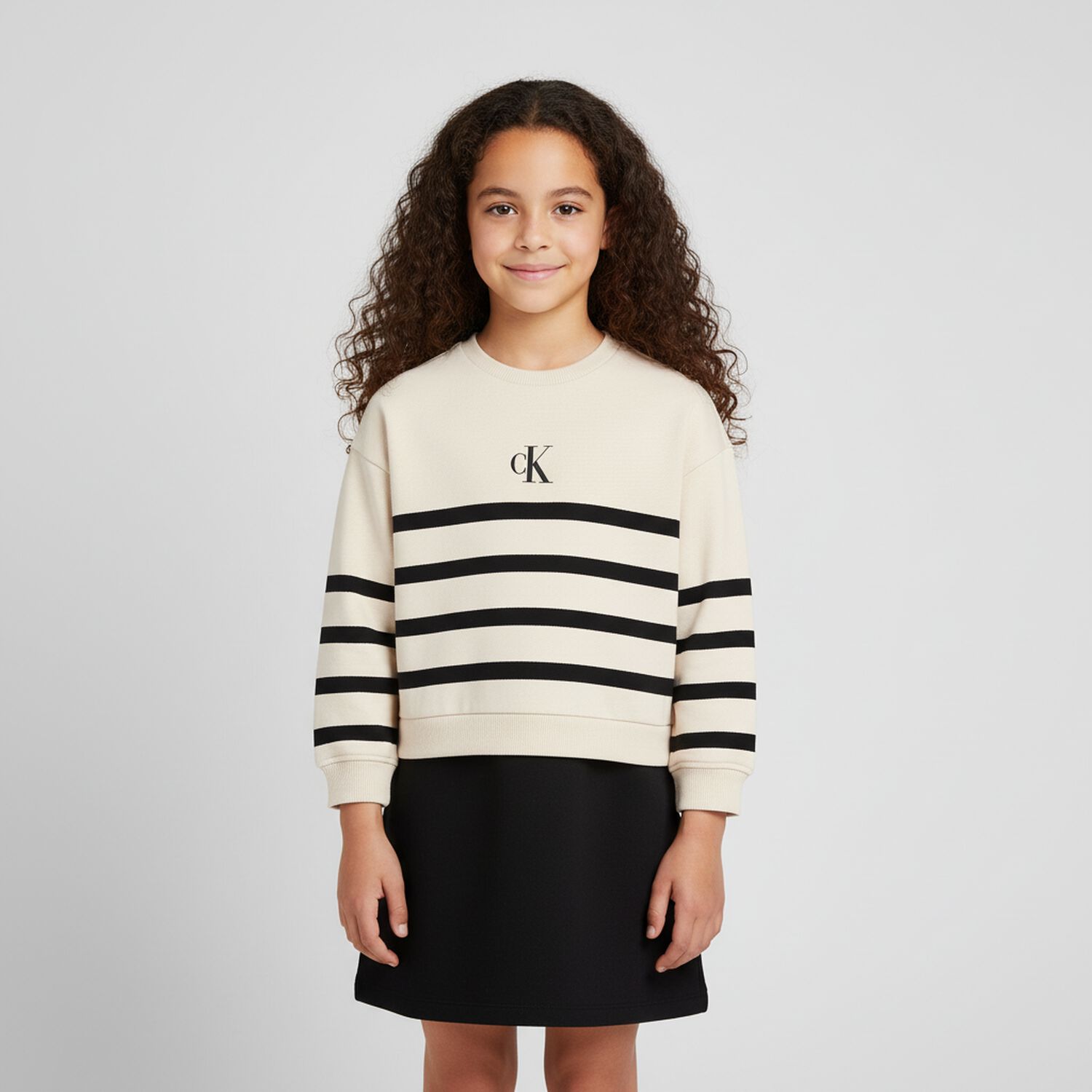 Girls Beige & Black Logo Striped Dress, 1, hi-res image number null