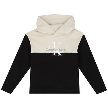 Boys Beige & Black Logo Hooded Top