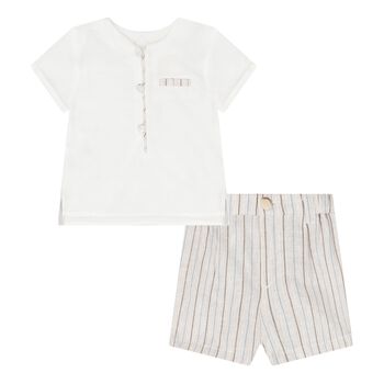 Baby Boys White & Beige Linen Shorts Set