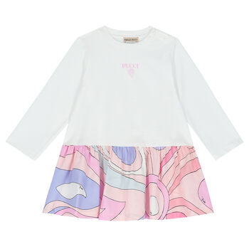 Younger Girls White & Pink Logo Dress