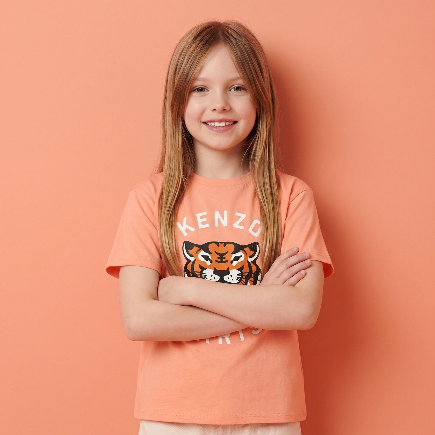 Girls Orange Tiger Logo T-Shirt, 1, hi-res