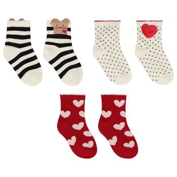 Younger Girls Red & Ivory Heart Socks ( 3 Pack )