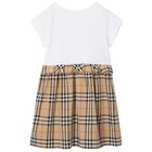 Girls White & Beige Check Ruffled Dress, 1, hi-res