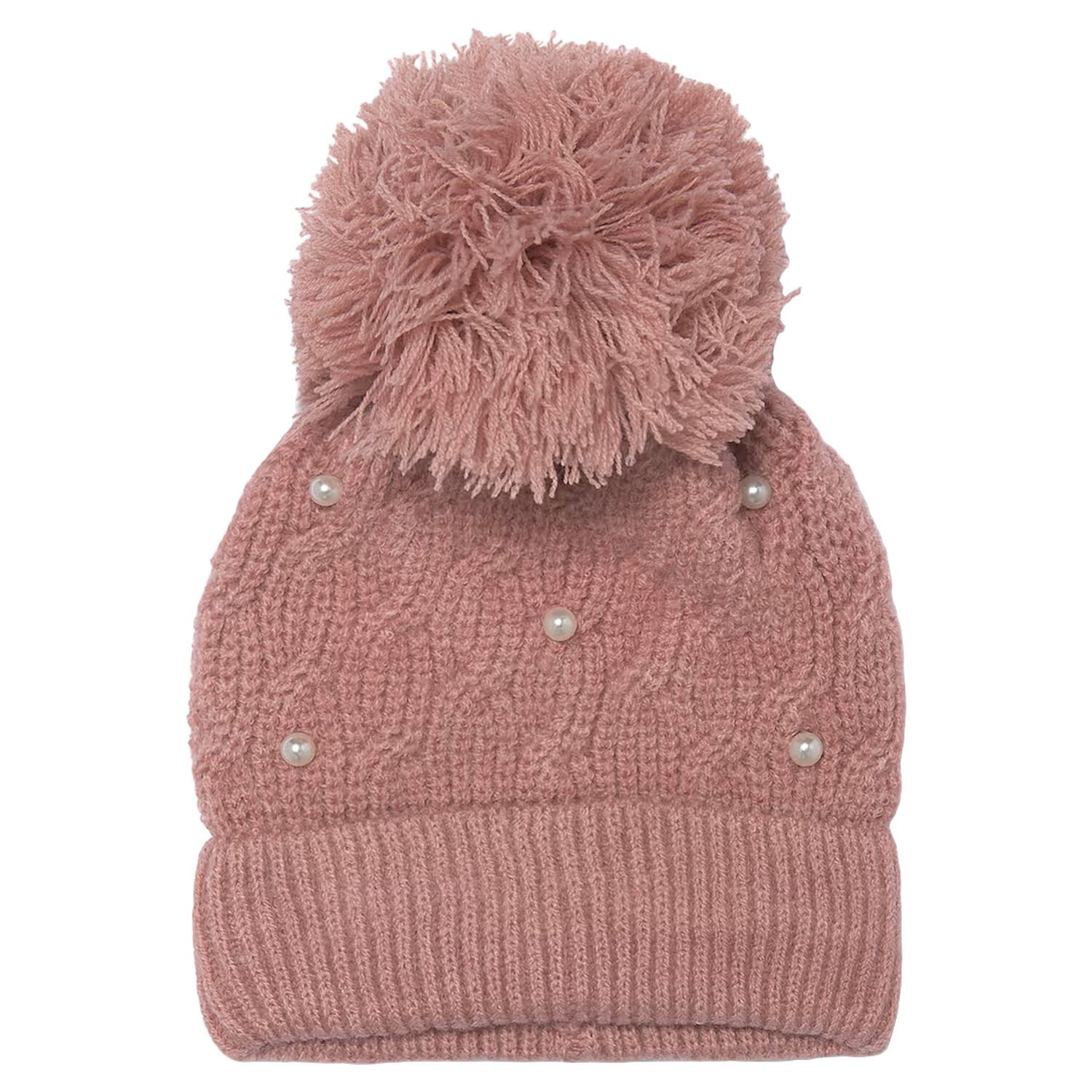 Girls Pink Embellished Knitted Beanie Hat, 1, hi-res