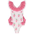 Girls White & Pink Gingham Strawberries Swimsuits, 2, hi-res