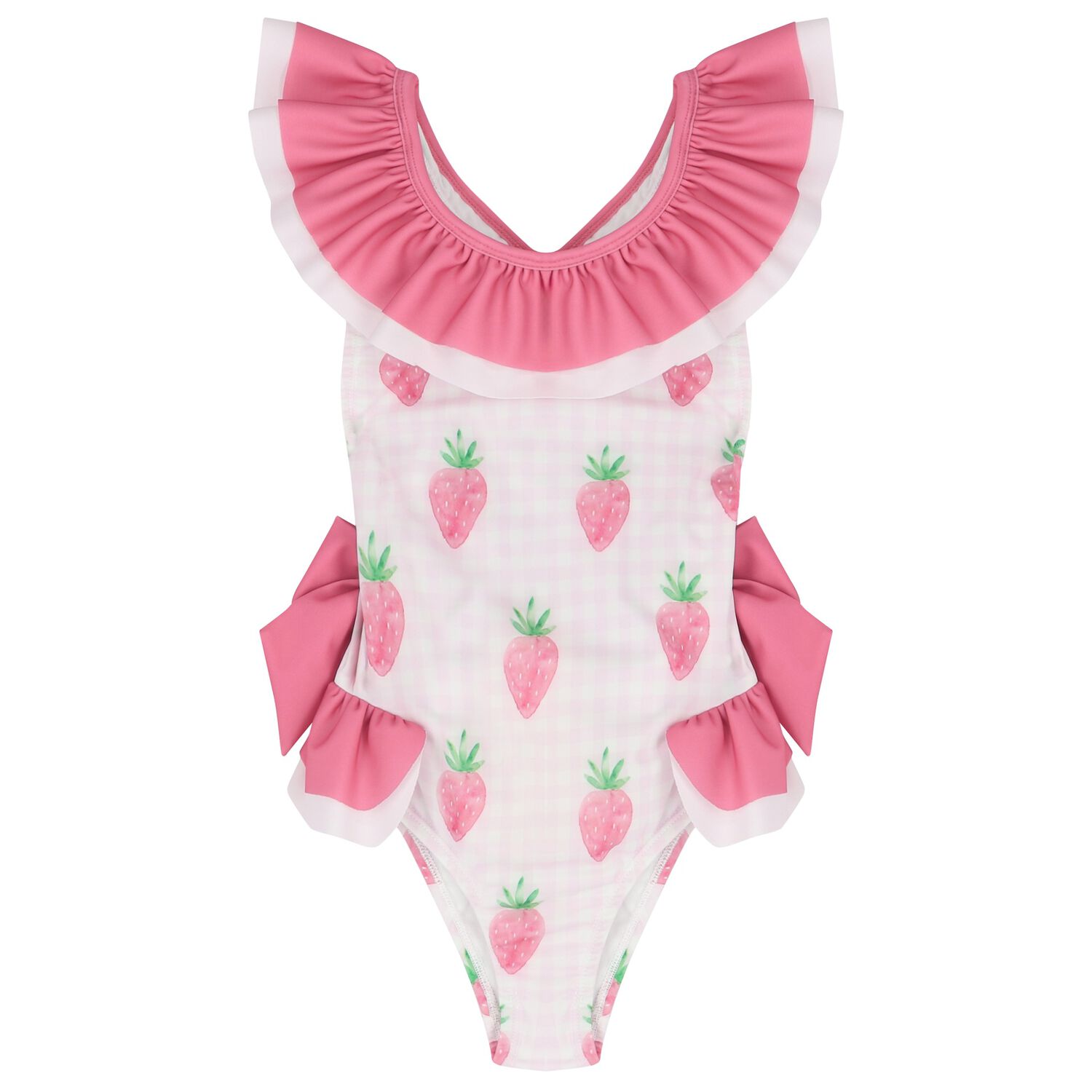 Girls White & Pink Gingham Strawberries Swimsuits, 2, hi-res image number null