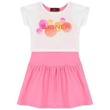 Girls White & Pink Logo Dress Set