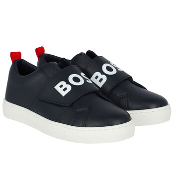 Boys Navy Blue Leather Logo Trainers