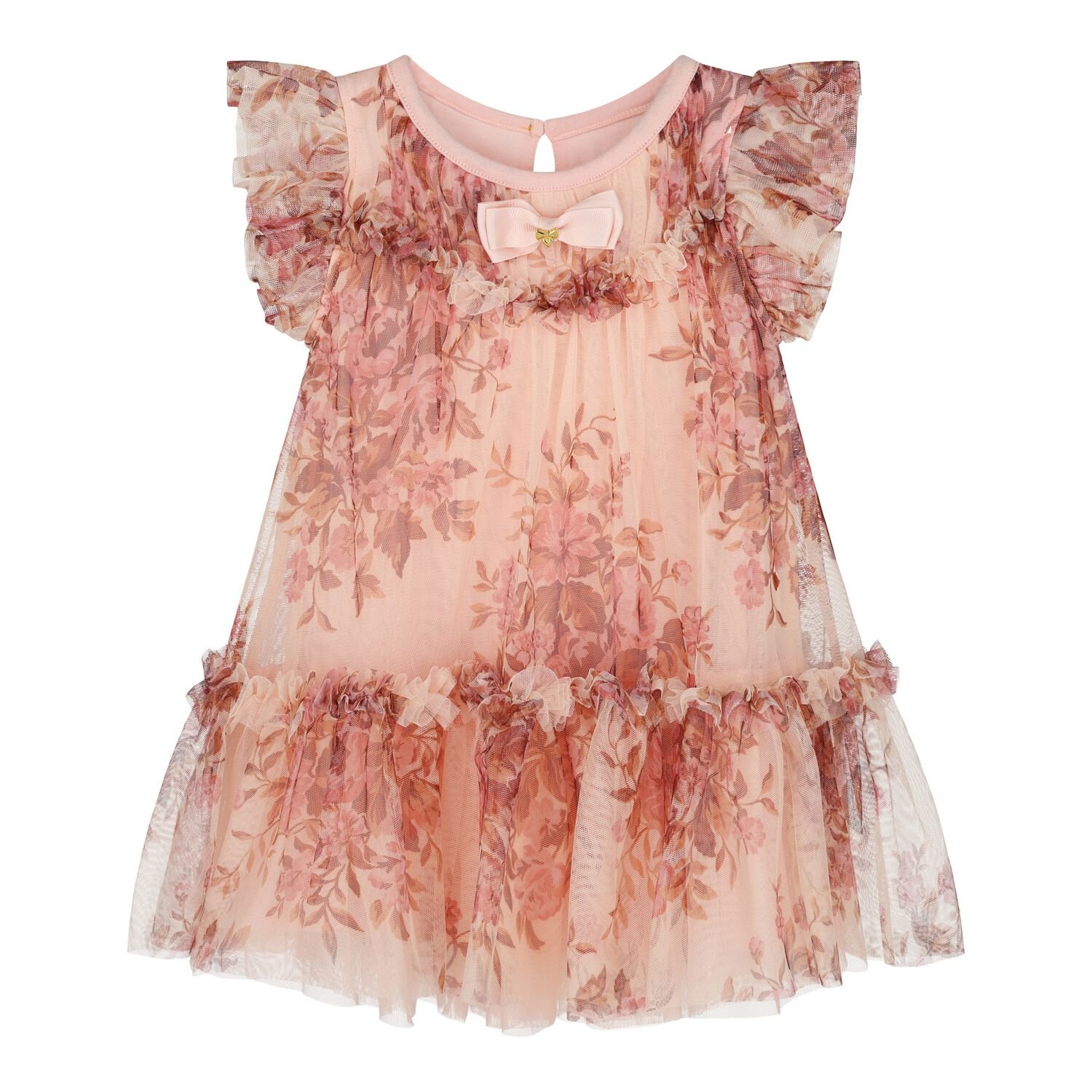 Baby Girls Pink Floral Tulle Dress , 1, hi-res
