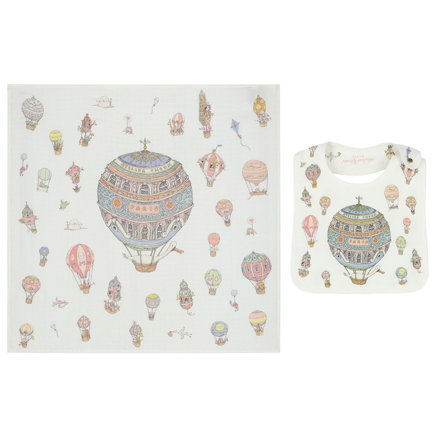 Atelier Choux White Hot Air Balloons Carré Swaddle Bib Gift Set