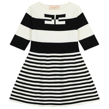 Girls White & Black Knitted Striped Dress