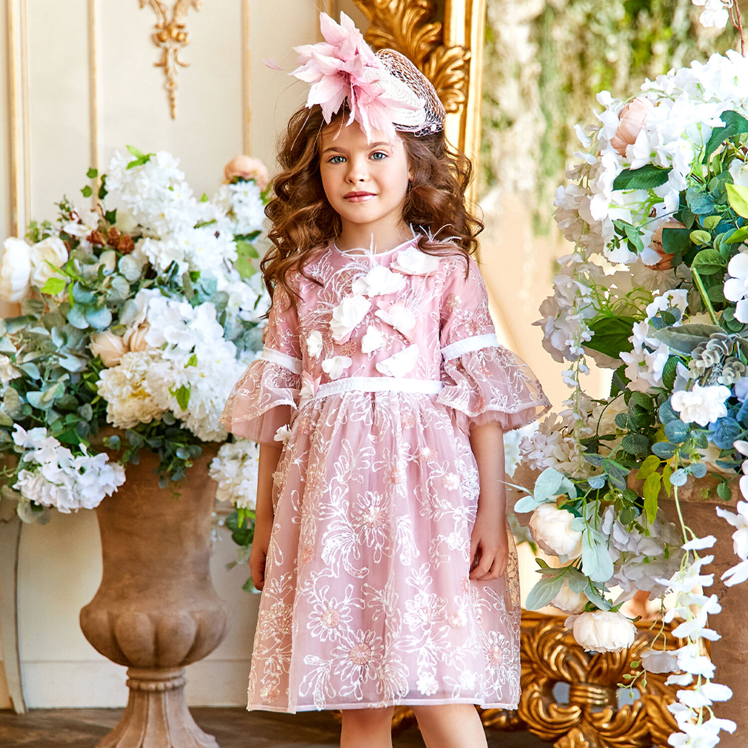 Girls Pink Embroidered Sequin Tulle Dress, 1, hi-res image number null