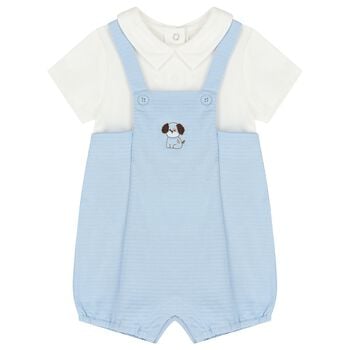 Baby Boys White & Blue Dungaree Romper