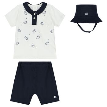 Baby Boys White & Navy Blue Shorts Set