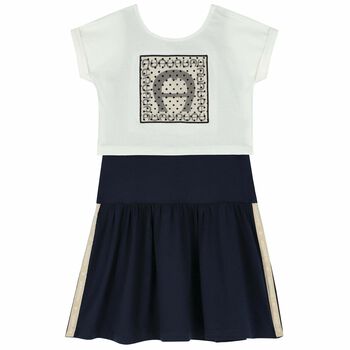 Girls Navy Blue & Ivory Logo Dress Set