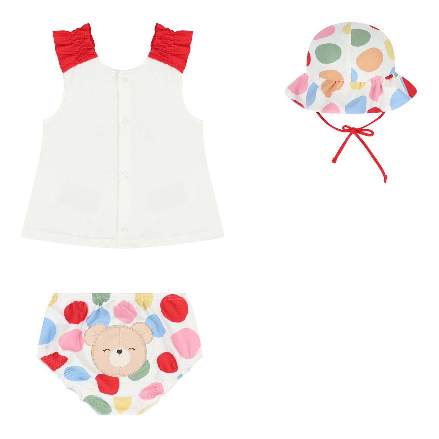 Baby Girls White & Red Swimsuit Set with Hat, 1, hi-res