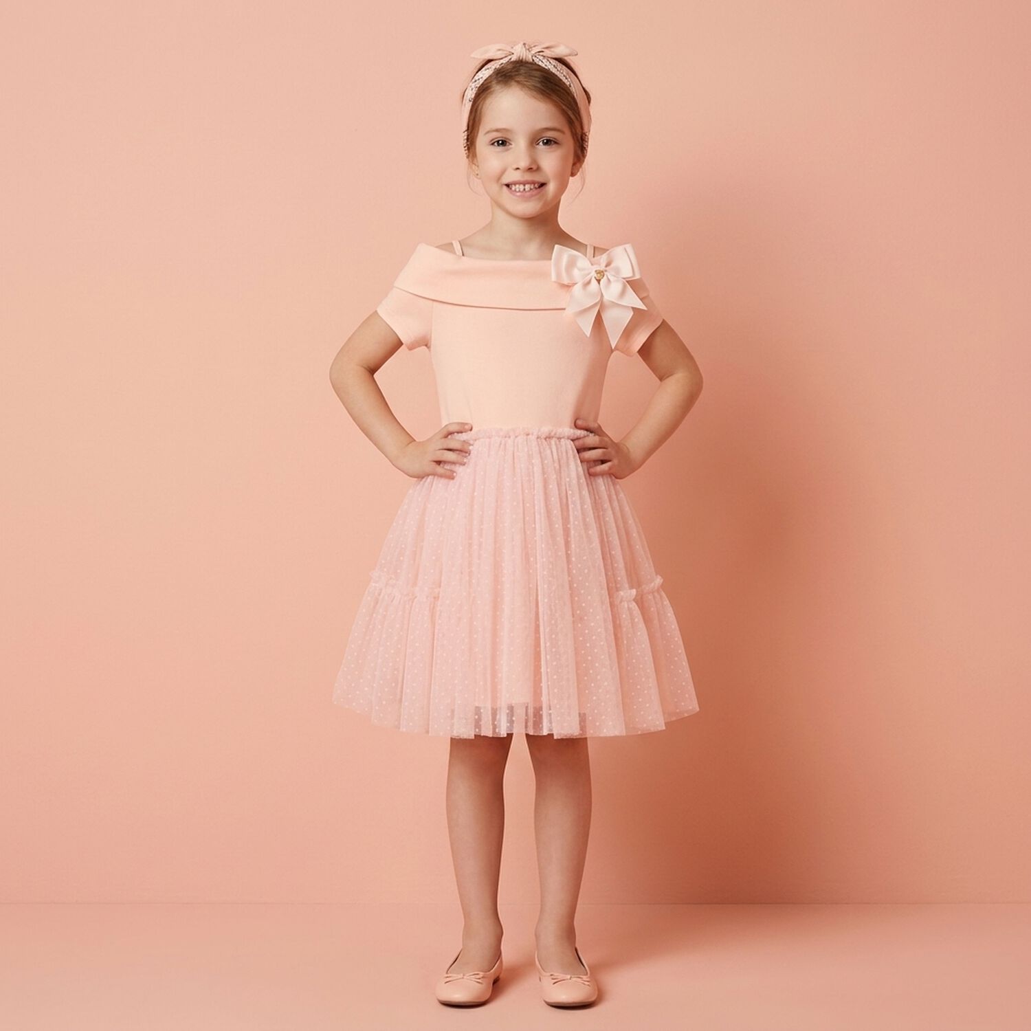 Girls Pink Bow Tulle Dress, 1, hi-res