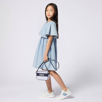 Girls White & Blue Logo Striped HandBag