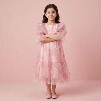 Girls Pink Floral Ruffled Tulle Dress