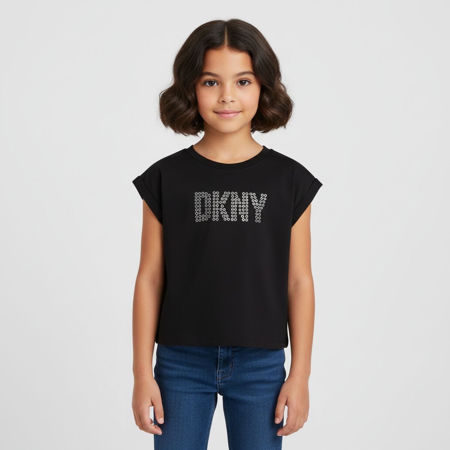 Girls Black Studded Logo T-Shirt, 1, hi-res