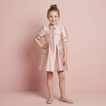 Girls Pink Satin Puff Sleeve Dress