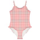 Girls Pink Check Ruffled Swimsuit, 1, hi-res