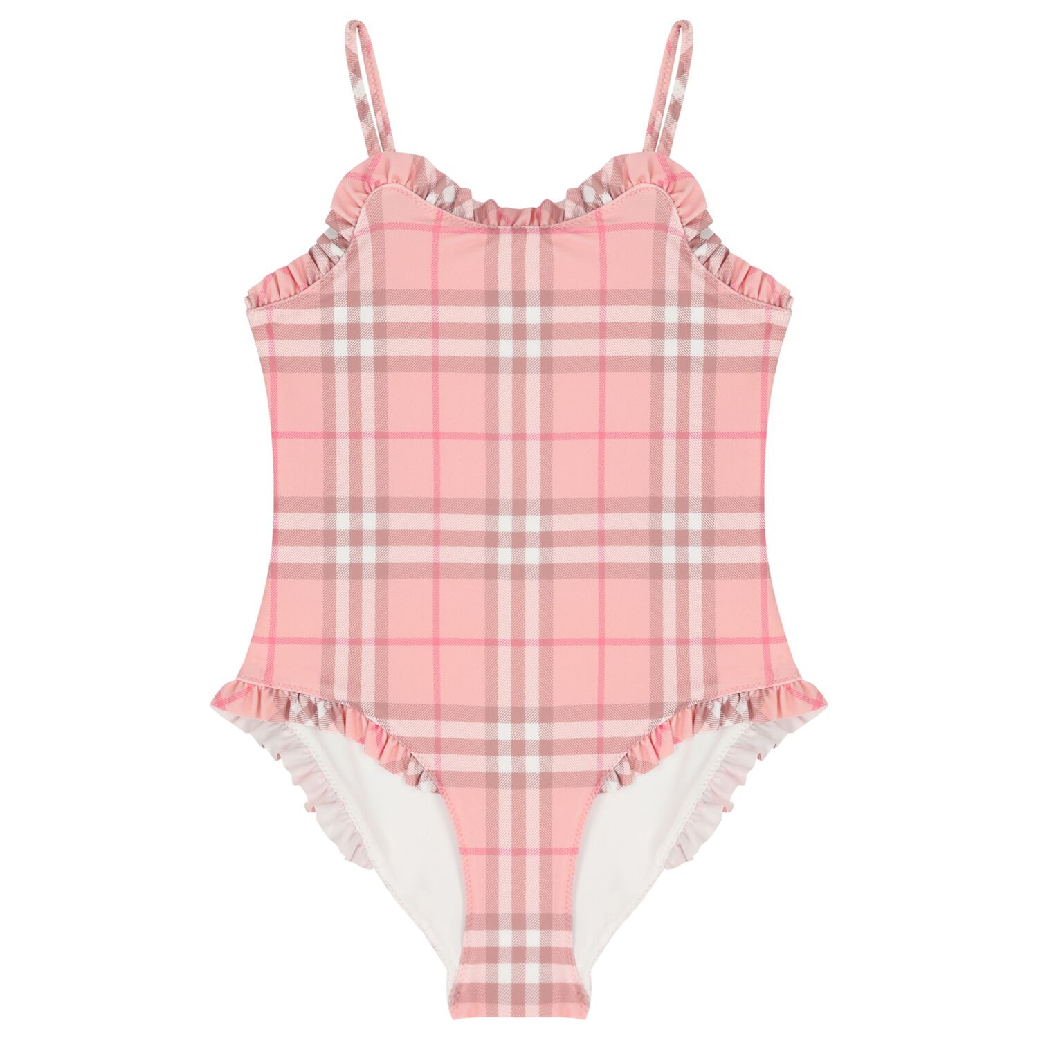 Girls Pink Check Ruffled Swimsuit, 1, hi-res