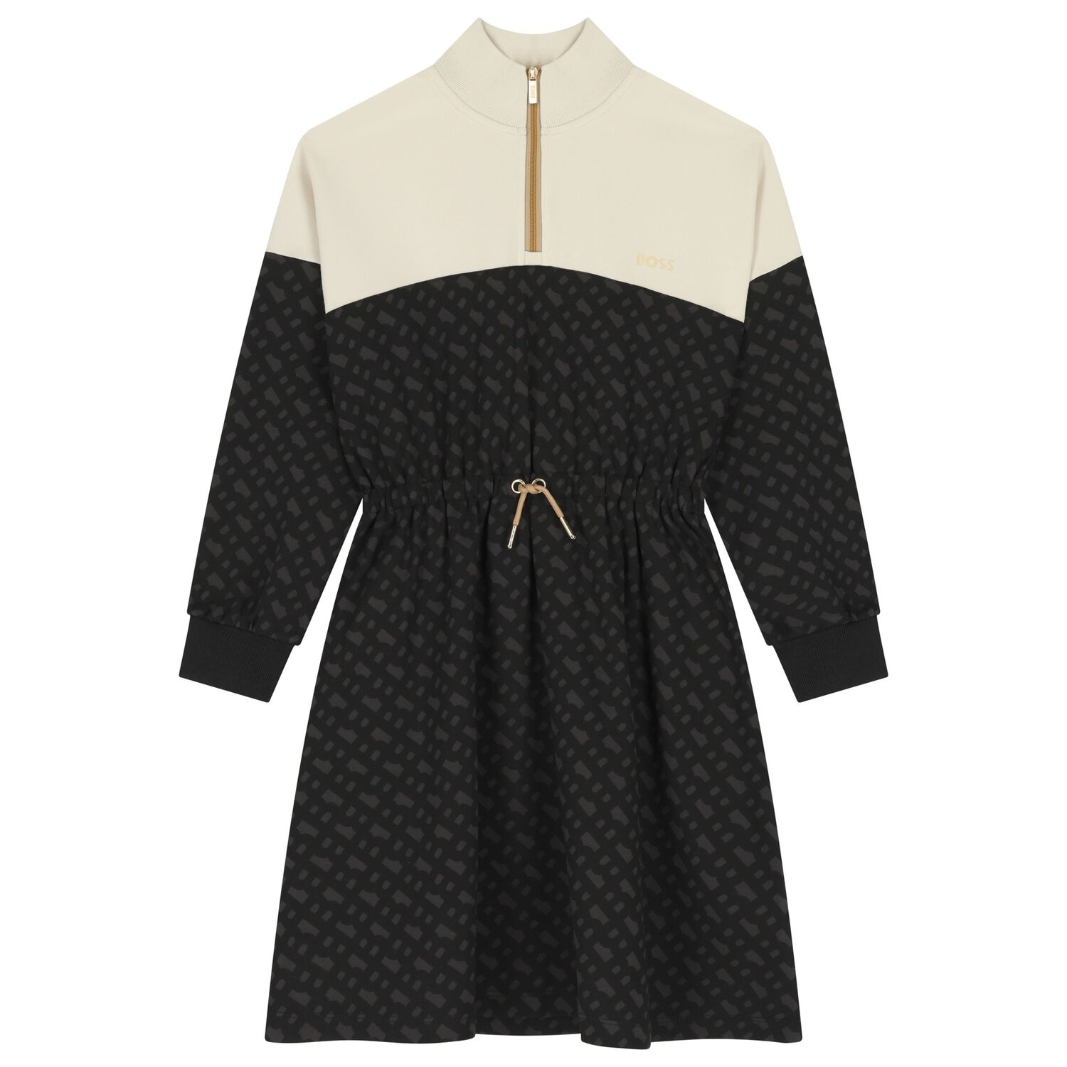 Girls Ivory & Black Logo Dress, 1, hi-res