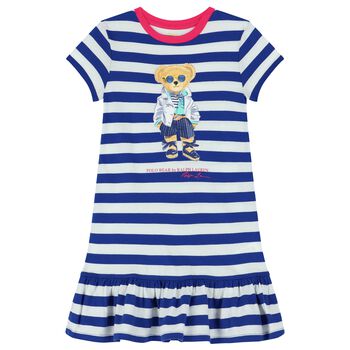 Girls White & Blue Striped Polo Bear Dress