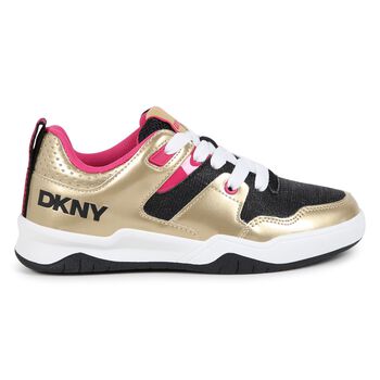 Girls Gold, Pink & Black Logo Trainers