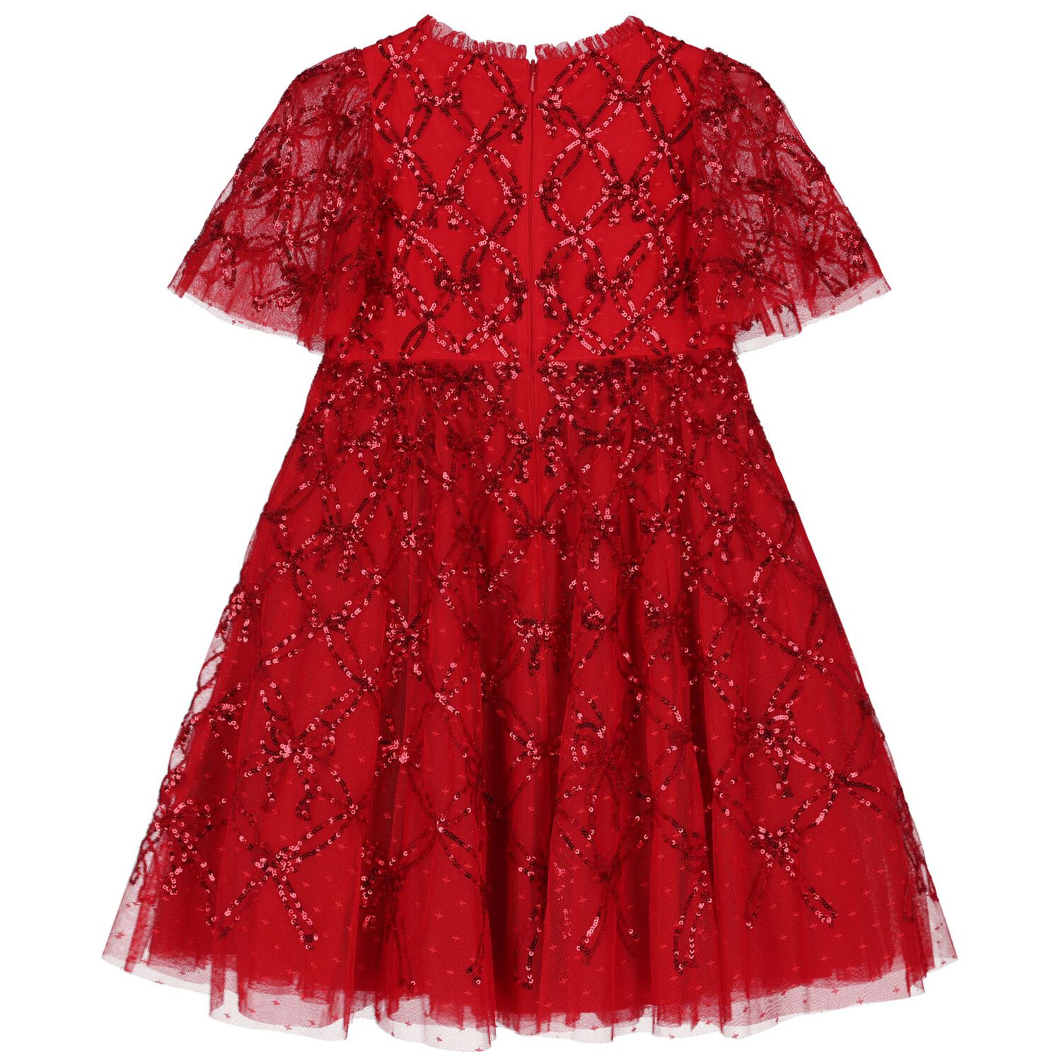 Girls Red Bow Lattice Sequin Tulle Dress, 1, hi-res