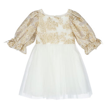 Girls White & Gold Organza Dress