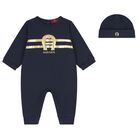Baby Boys Navy Blue & Gold Logo Romper Gift Set, 2, hi-res