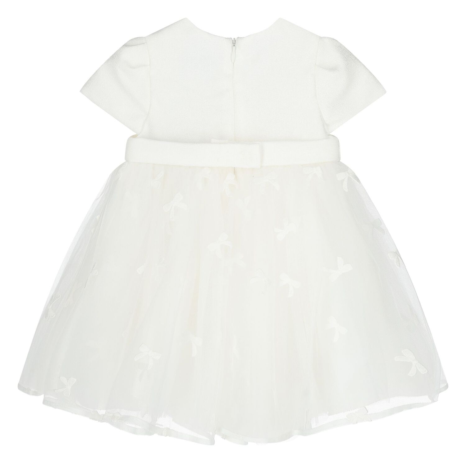 Younger Girls White Bow Tulle Dress, 1, hi-res