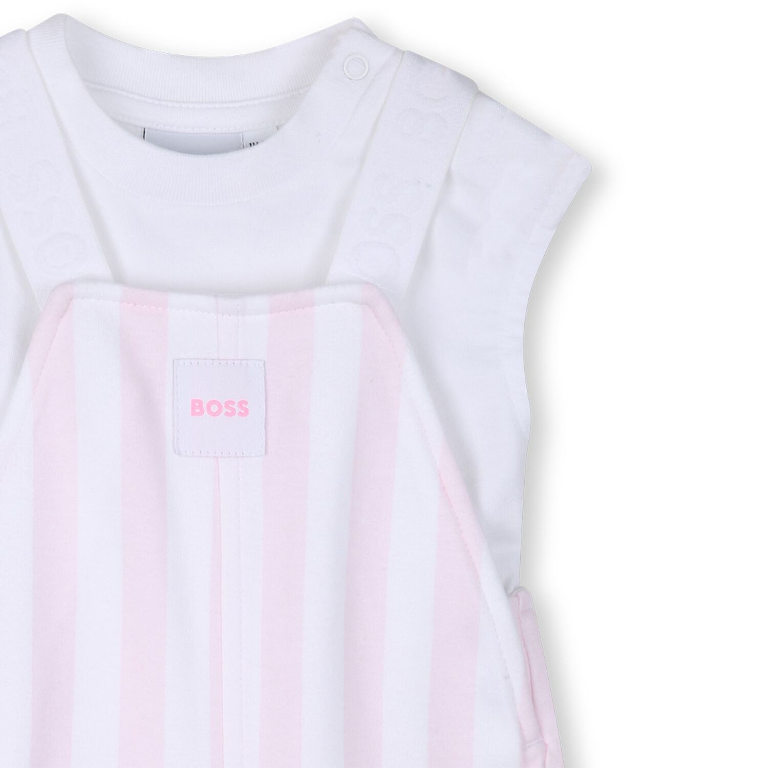 Baby Girls White & Pink Striped Logo Dungaree Set, 1, hi-res