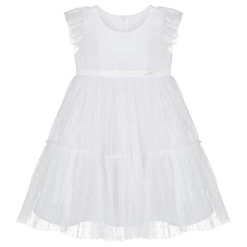 Girls White Polka Dot Tulle Tiered Dress