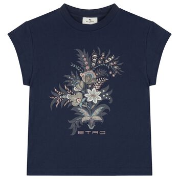 Girls Navy Blue Floral Logo T-Shirt