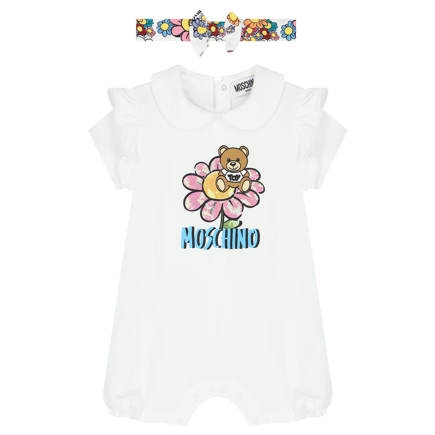 طقم رومبير بشعار تيدى باللون الابيض للبنات, 2, hi-res