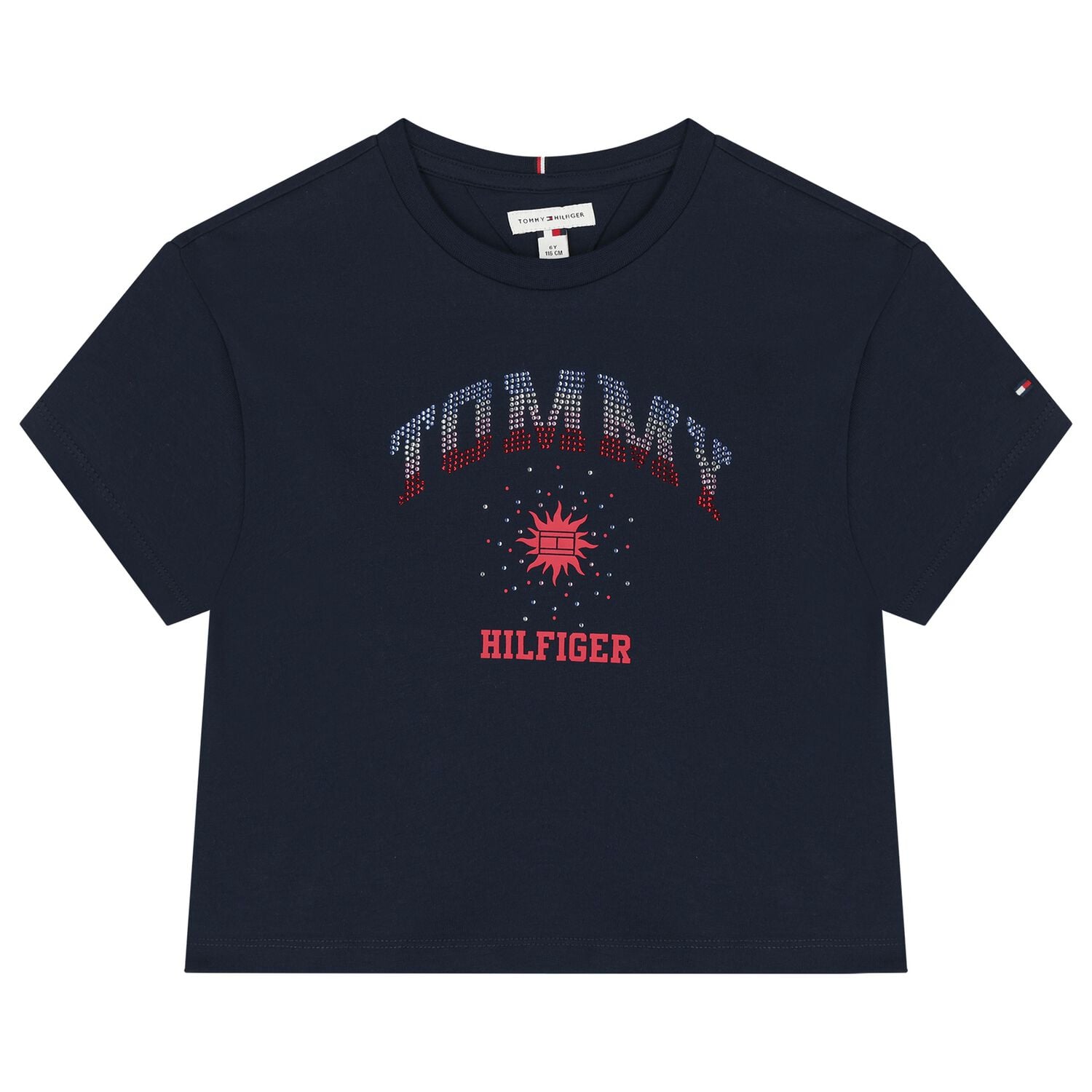 Girls Navy Blue Rhinestone Logo T-Shirt, 1, hi-res