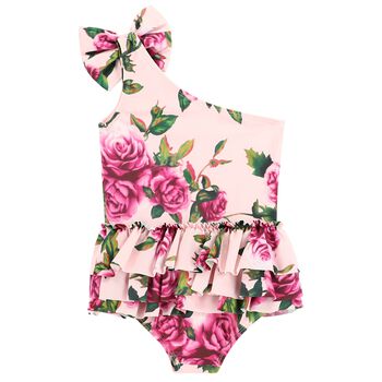 Girls Pink One Shoulder Floral Swimsuit