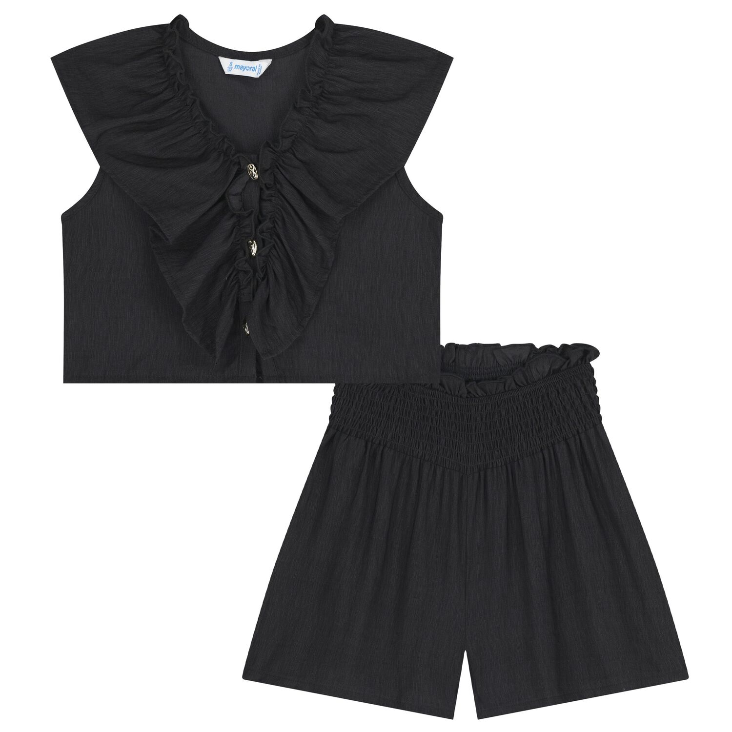 Girls Black Ruffled Shorts Set, 2, hi-res
