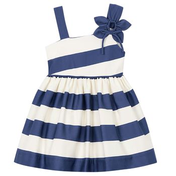 Girls Ivory & Navy Blue Striped Flower Dress