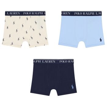 Boy Ivory, Blue  & Navy Blue Logo Boxer Shorts ( 3-Pack )