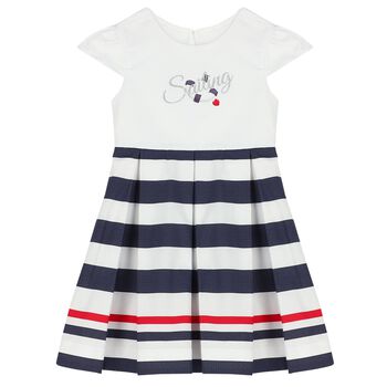 Girls White & Navy Blue Striped Dress