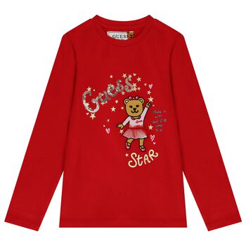 Girls Red Teddy Bear Logo Long Sleeve Top