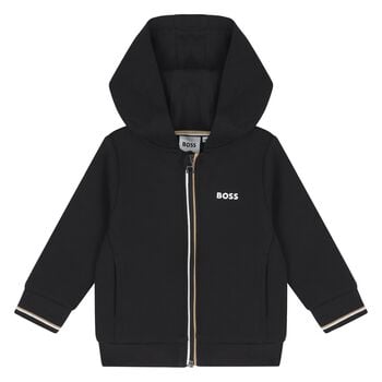 Younger Boys Black Logo Hooded Zip Up Top