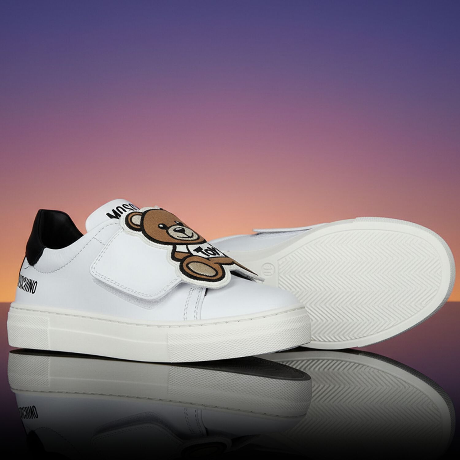 White & Black Teddy Bear Logo Trainers, 1, hi-res