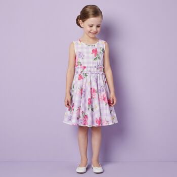 Girls Lilac & White Floral Gingham Dress